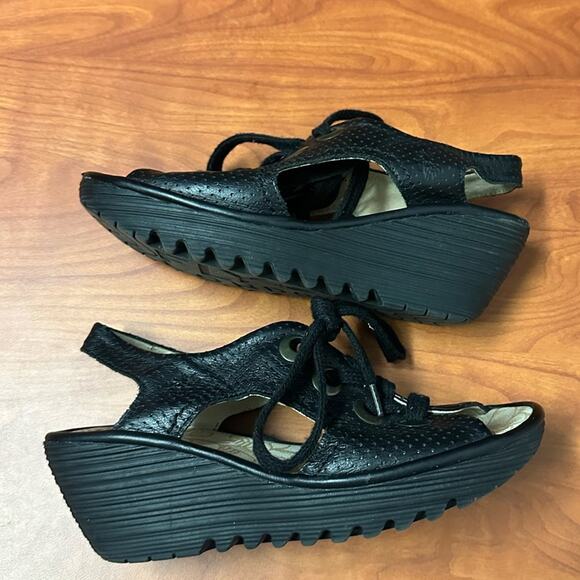 Fly London Ylva Lace Up Wedge Sandals Womens 38 7-7.5 Black Summer Open Toe - Picture 4 of 13